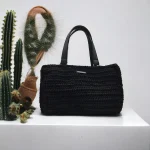 Camilia Sac crocheté en ficelle de jute noire avec anses en cuir noir