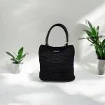 Pia-Jute Sac crocheté en ficelle de jute noire avec anses en cuir amovibles noires