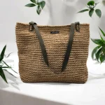 Maeva Sac en ficelle de jute beige et anses en cuir souple kaki