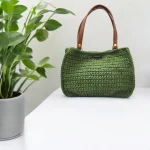 Silva Sac cabas crocheté en ficelle de jute kaki avec anses amovibles en cuir marron