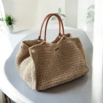 Odelia Sac cabas en ficelle de jute beige et anses en cuir marron