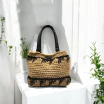 Pola Sac crocheté en ficelle de jute beige avec anses en cuir noir et motif graphique noir en pointes
