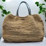 Alixia Sac Cabas Format XXL crocheté en ficelle de jute beige avec anses amovibles à pressions en cuir noir