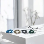 cordon à lunettes crochetés en fil à broder vert, gris, doré et bleu