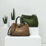 Noa - Jute Pochette crochetée en ficelle de jute (beige/kaki) avec bandoulière cuir (marron/noir)